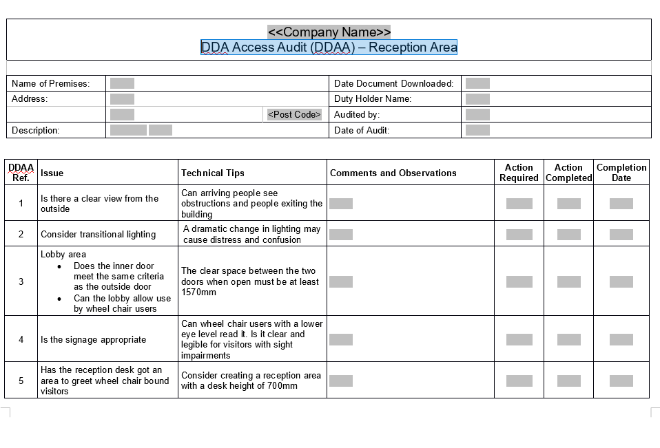 DDA Access Audit (DDAA) – Reception Area