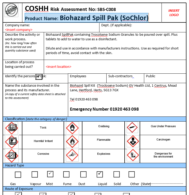 COSHH Risk Assessment - Biohazard Spill Pak (SoChlor)
