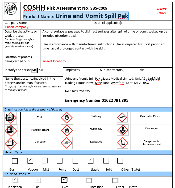 COSHH Risk Assessment - Urine and Vomit Spill Pak